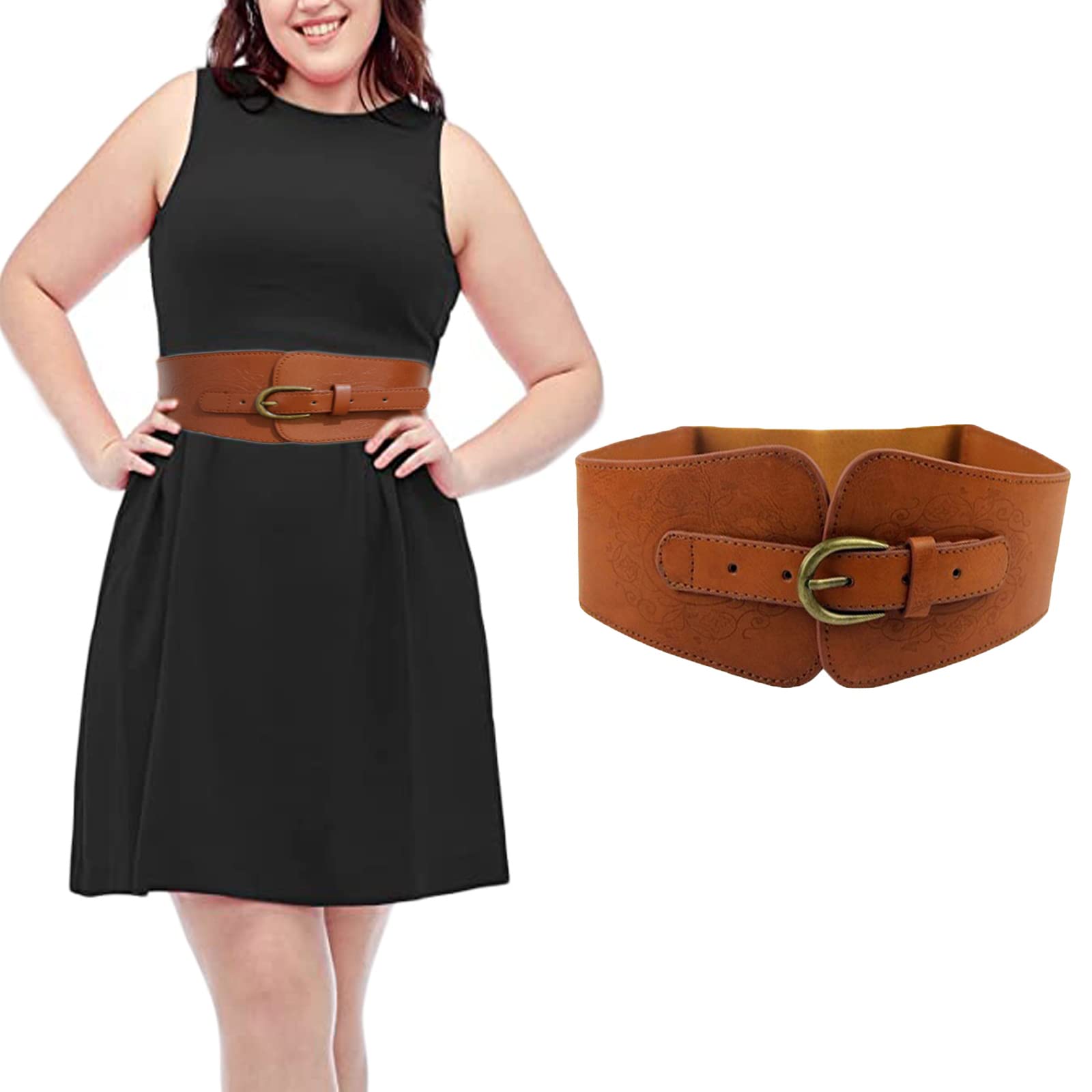 Awocan Women's Camel Leather Pu Elastic Stretchy Corset Cinch Belt Print Retro Cinch Wide Waist Belt (Camel)