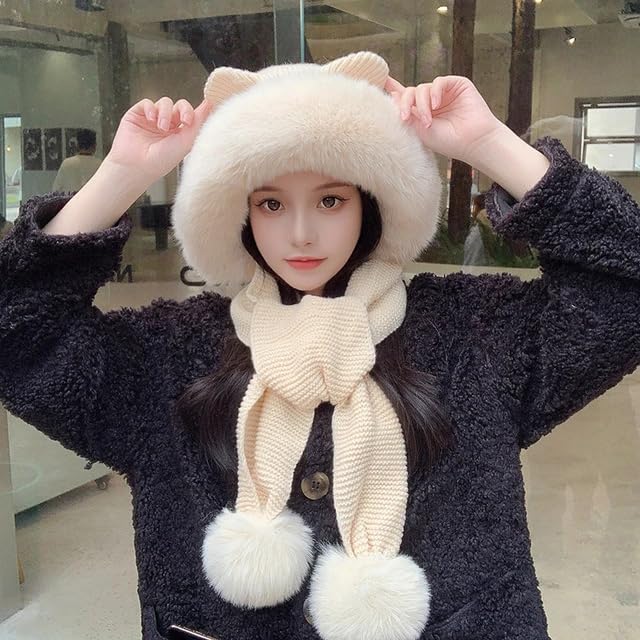 Women Winter Hat with Muffler for Girls Neck Warmer Face Mask Fleece Face Care Fleece Lined Cold Weather Hat with Earflaps (Beige) 3