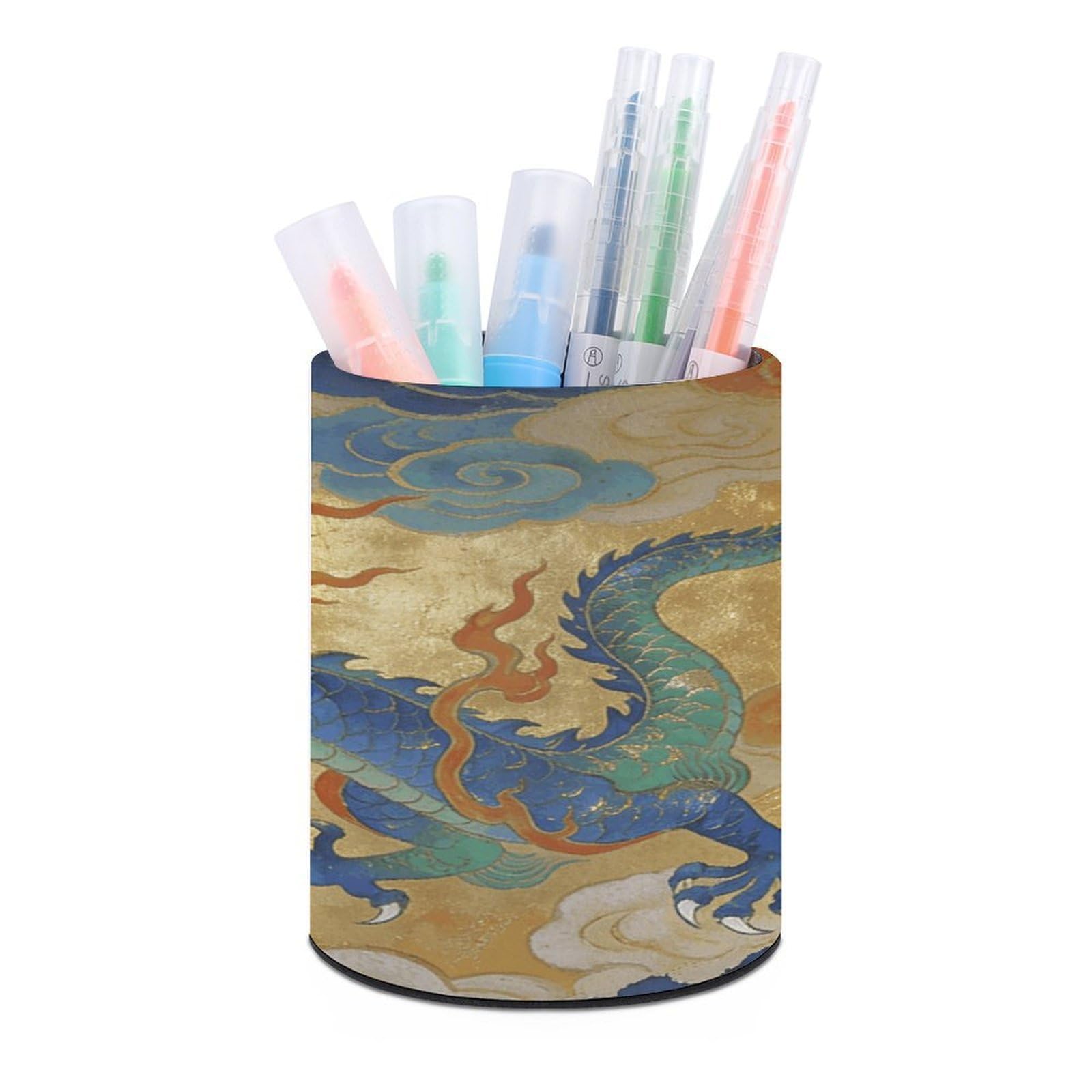 Soaring Dragon in Auspicious Clouds Pen Holder Multi-Functional Round Pencil Holder Cute Office Decoration Pen Cups Simple Design PU Leather Paintbrush Cups for Home Office Desk