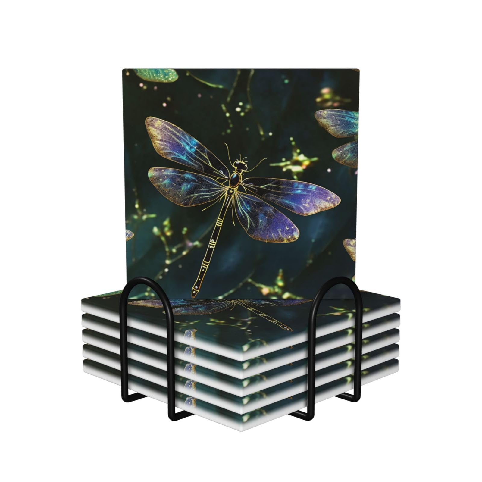 Dessous de verre céramique libellule haut de gamme lot de 6 avec support liège protecteur