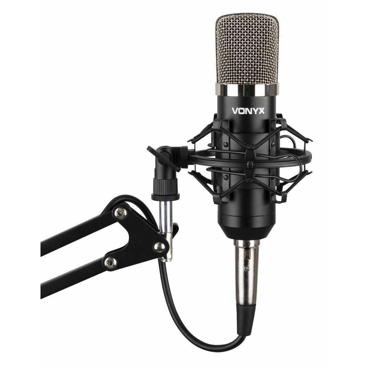 VONYX CMS400 Microphone de Studio Argenté - Ensemble Microphone à Condensateur avec Bras Réglable et Filtre Anti-Pop, Alimentation Fantôme 48 Volts, Connexion Directe à Un Ordinateur (Jack 3,5mm)