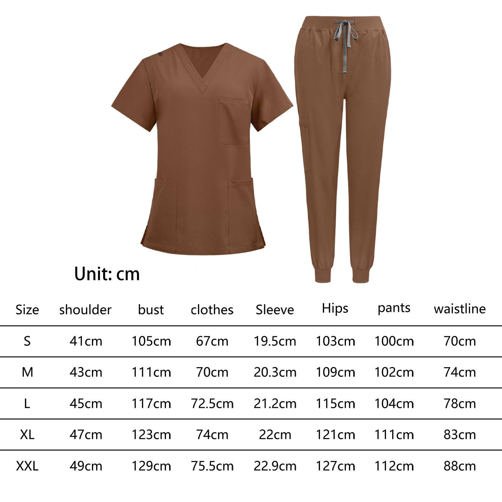 Pflegeuniform Damen Berufsbekleidung Arbeitsanzug Oberteil Hose Polyester Leicht mit Kurzarm Und Hosentaschen für Personal Tierpfleger W, braun, xl