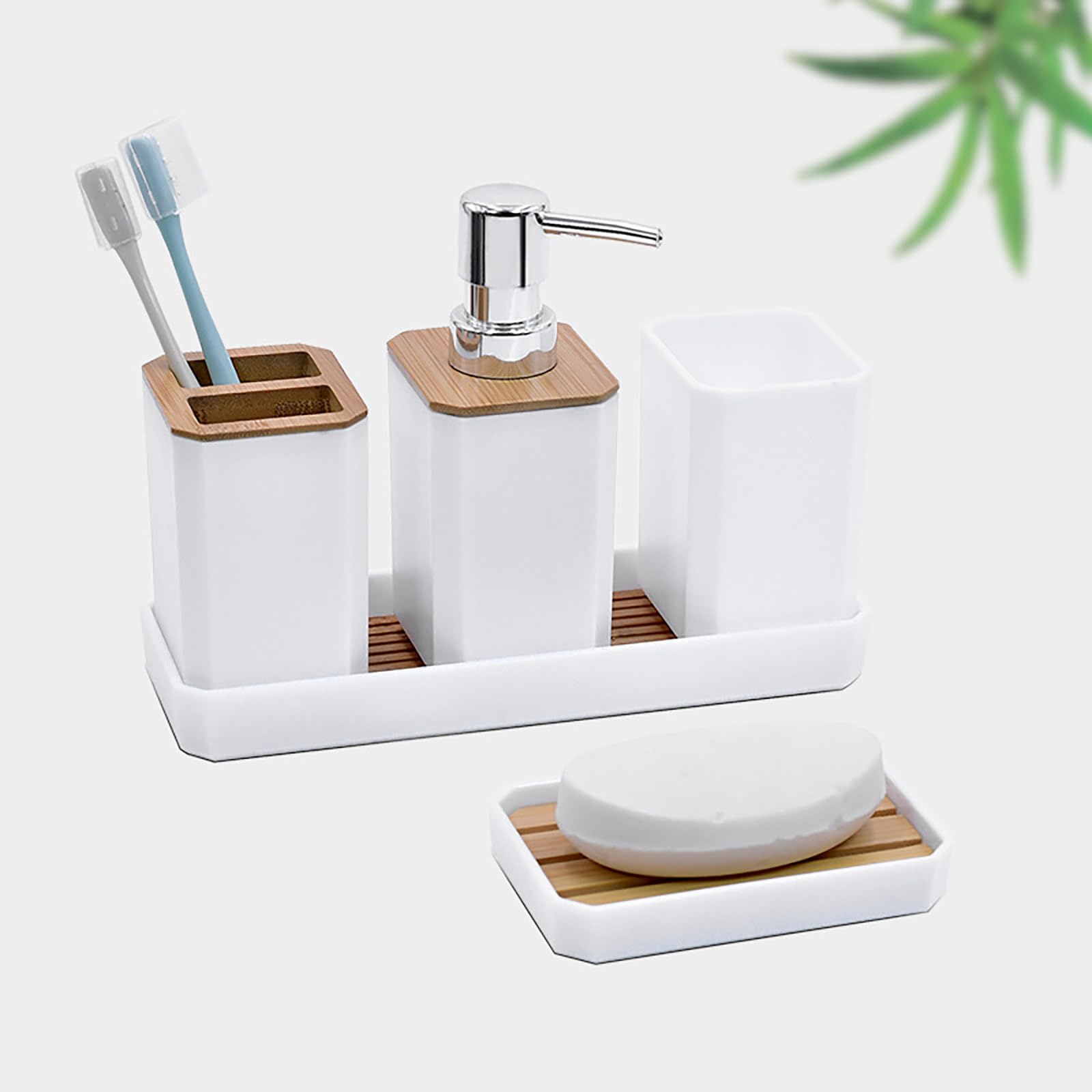 Juego de accesorios de baño de 5 piezas, plástico con detalles cromados y efecto bambú, dispensador de jabón, soporte para cepillo de dientes, vasos y jabonera