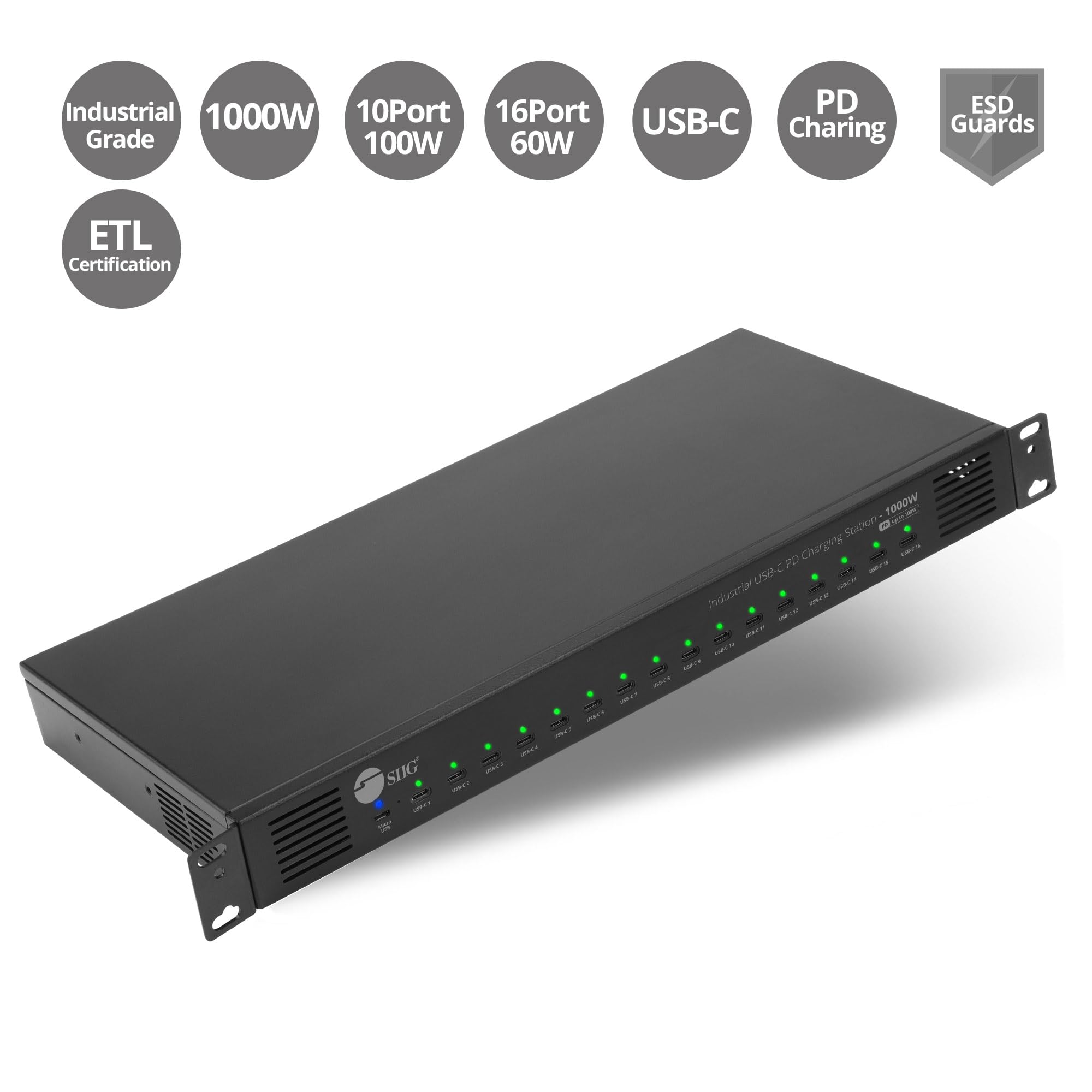 SIIG 16-Port Industrial USB-C PD Charging Station - 1000W - up to 10 USB-C 100W - up to 16 USB-C 60W (ID-US0C11-S1)