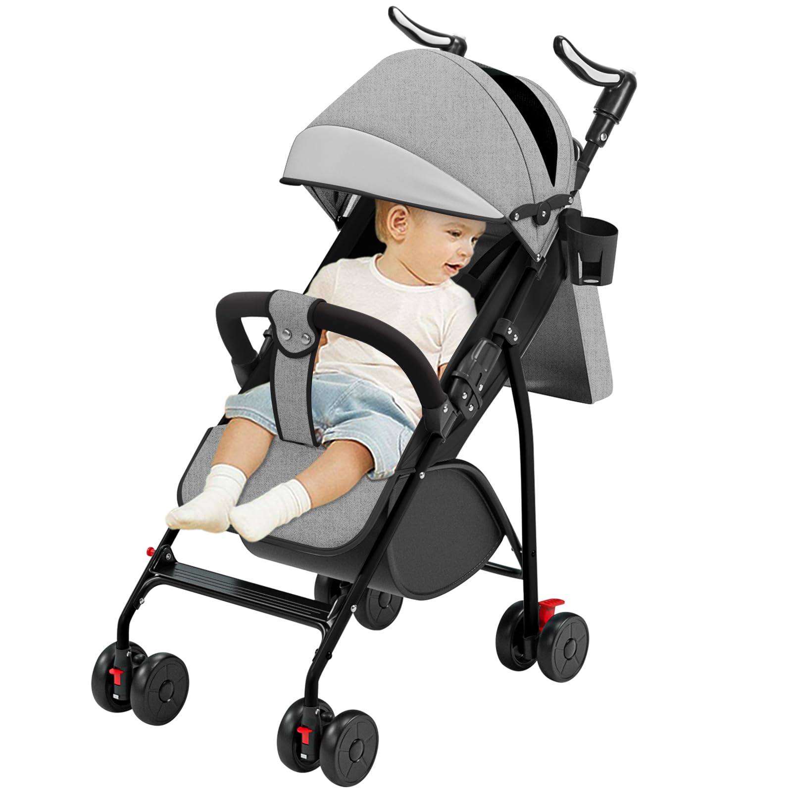Poussette 4 Roues jusqu'à 25 kg Grande Capote Pliage Compact Dossier Inclinable Guidon Réglable Grandes Roues Tout-A-gris