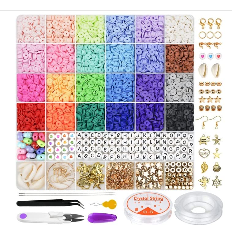 zukent 6000PCS Clay Beads Bracelet Kit for Jewelry Making Beads and Elastic Strings Round Flat Beads Clay Flat for Adults Bracelets Necklace Earring DIY - Multi-Colors