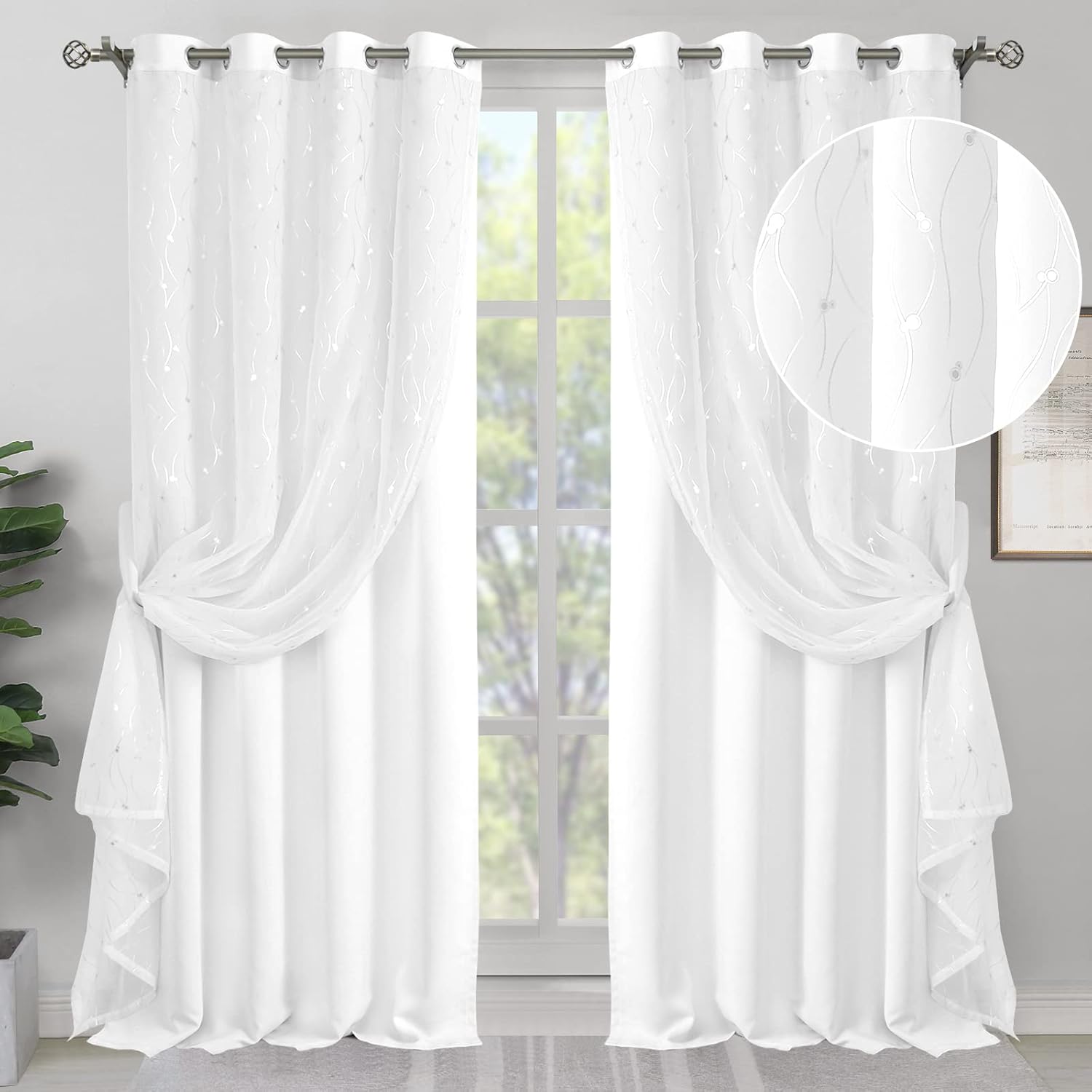 BGment White Room Darkening Curtains 95 Inched Long with Sheer Overlay, Silver Printed Grommet Thermal Insulated Window Tulle Curtains for Bedroom/Living Room, 2 Panels 52 x 95 Inch, Pure White