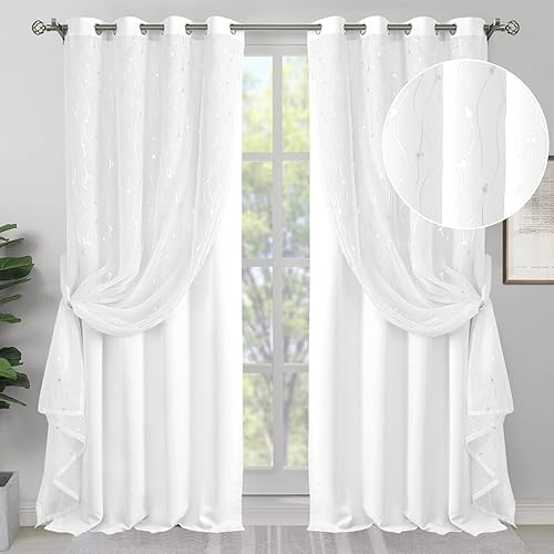 BGment Cortinas opacas con superposición transparente, cortinas de tul plateado impreso de doble capa para sala de estar, cortinas de ventana con