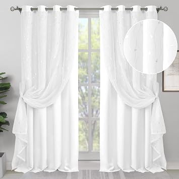 BGment 80 Inch Curtains with Sheer Overlay for Bedroom 2 Panels Pure White