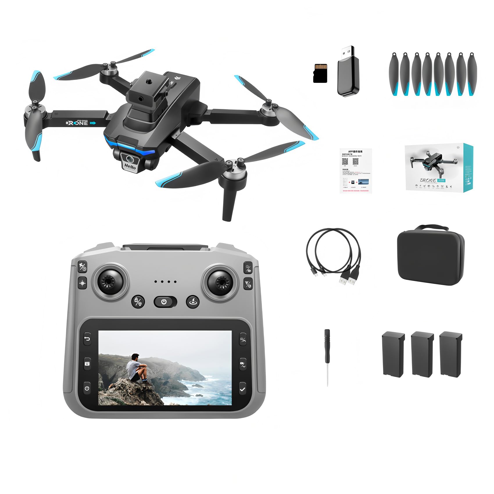 GPS Drohne mit 4K-Doppelkamera für Erwachsene, Drohne mit 4,5-Zoll-Bildschirm, Hindernisvermeidung, 69 Minuten Flugzeit, 3 Akkus, Automatische Rückkehr, Folge-Modus, RC-Quadcopter für Anfänger