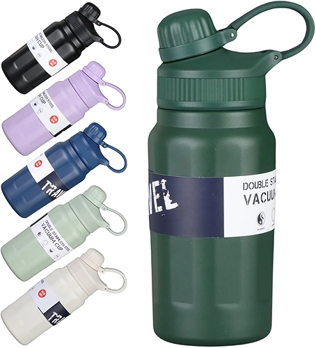 Garrafa Térmica Estilosa de 500ml com Interior em Aço Inox 304 e Fundo Emborrachado – Ideal para Academia e Escola - Com Canudo e Alça de Transporte Resistente (Verde Escuro)