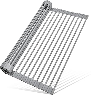MERRYBOX Roll Up Dish Drying Rack, Over The Sink Dish Rack Foldable, Heat-Resistant, Anti-Slip Silicone Coated Steel Dish Drainer for Kitchen Counter, Multipurpose Roll Up Sink Drying Rack, 17" x 13"