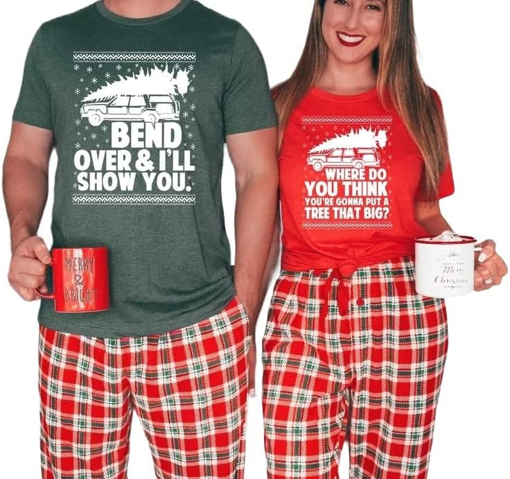 HandmadeBend Over and I'll Show You Christmas Couple Matching Shirt Christmas Vacation Couple Costumes T-shirt Couple Matching Christmas Family Sweatshirt Cute Christmas Tree Shirts Xmas Long Sleeve V-neck Te