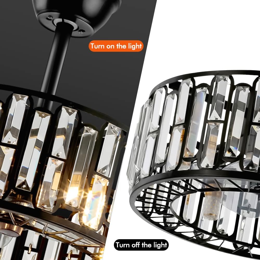 MORE CHANGE 18" Modern Enclosed Bladeless Ceiling Fan with Light and Remote, Industrial Black Caged Fandelier 3 Speeds Timer Crystal Chandelier Fan for Farmhouse Kitchen Island