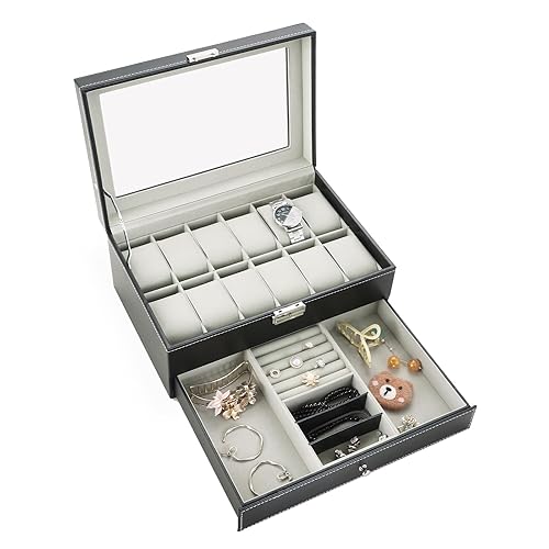 NATGAI 12-Slot Watch Box with Jewelry Drawer | Lockable PU