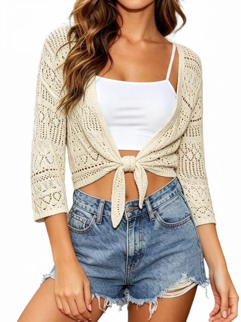 Spicy Sandia Women’s Crochet Shrugs Tie Front Summer Cardigan Lightweight