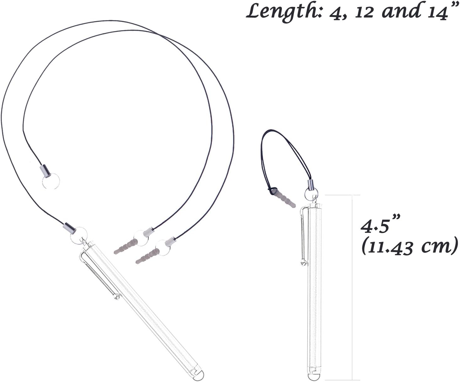 Bundle of 12 Detachable Tether Strings/Lanyards for Stylus Pens. Three Different Sizes: 4", 12" and 14" - with The Friendly Swede Microfiber Cloth and Retail Packaging