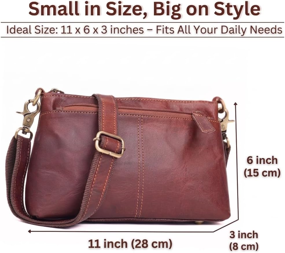 Small Genuine Leather Crossbody Bag for Women Vintage Mini Saddle Purse Boho Shoulder Travel Handbag with 3 Zipper Pockets