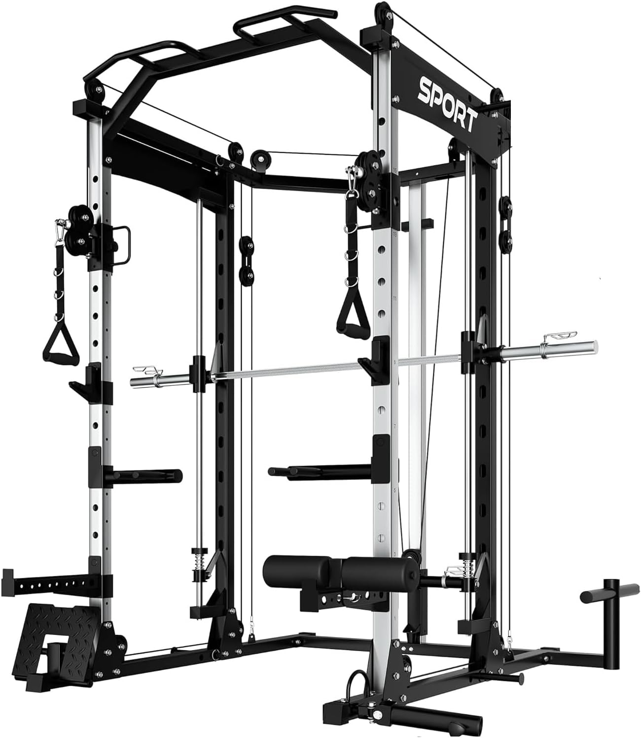 Smith Machine, 2000LBS Power Cage with Cable Crossover System, All in One Home Gym Workout Station with Smith Bar LAT Pull-Down Cable Crossover System and More Attachments
