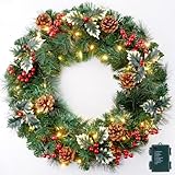 24 Inch Prelit Christmas Wreath for Front Door, Battery Operated LED Christmas Wreath with Pine Needles Branches Hari Leaves Red Berry Pine Cones, Lighted Wreath Wall Windows Decoration