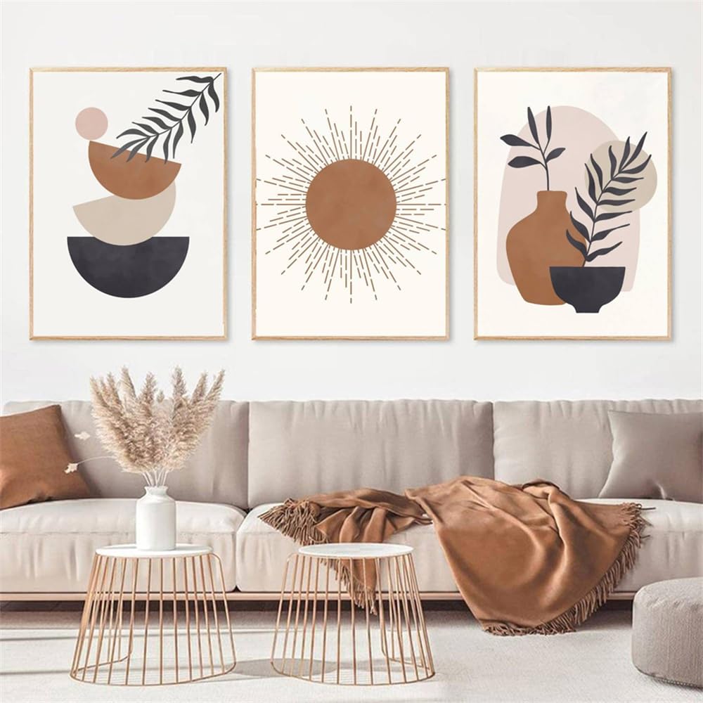 Wbyzac Green Botanical Posters-Boho Sun Geometric Abstract Wall Art Canvas Painting Nordic Posters And Prints Wall Pictures For Living Bedroom Kitchen Room Decor-60 * 70Cm*3Pcs (No Frame)