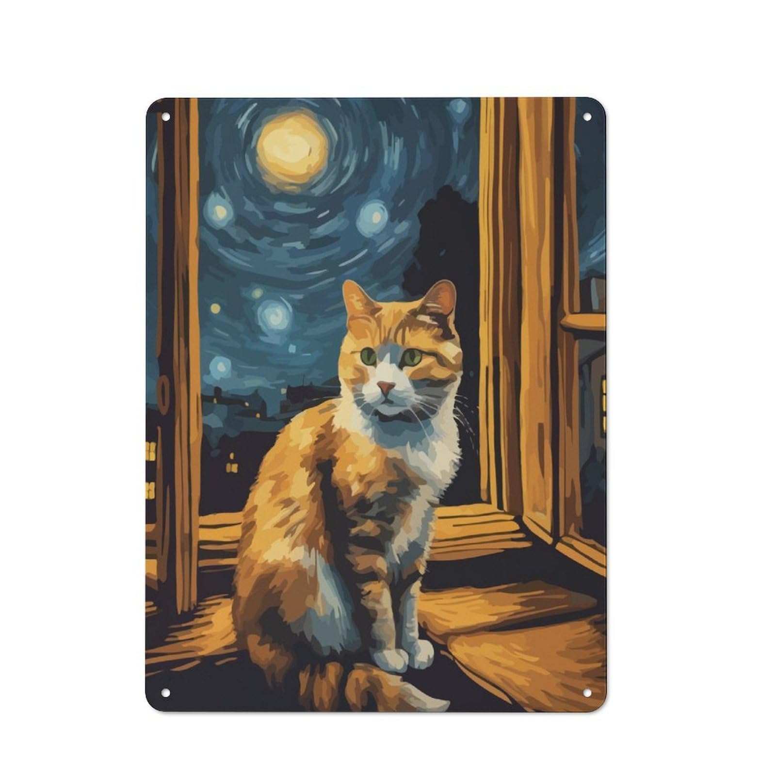 Junmoney Starry Night Cat-1 40X30cm Rustic Metal Sign With Starry Night Cat For Guest Room Or Hallway, For Vintage Wall Decor Fans, For Metal Sign Collectors