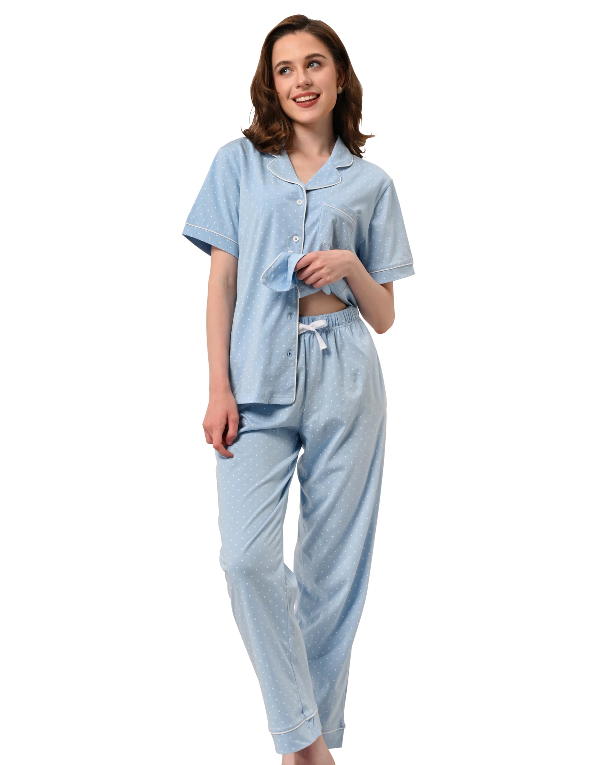 NAP BOUND 100% Cotton Women's Pajama Sets Short Sleeve Button Down Soft Pjs 2 Piece Lounge Set with Pocket Nightwear XS-XXL