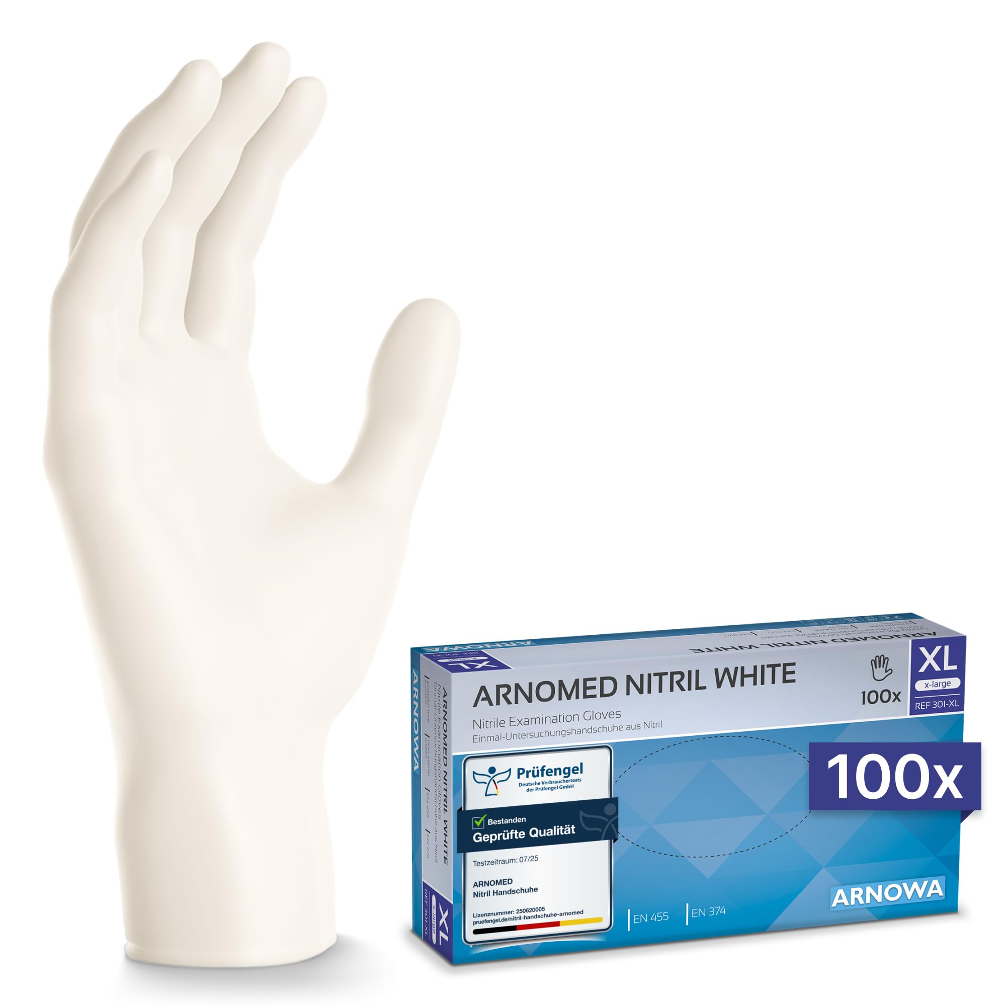 ARNOMED Nitril Einweghandschuhe 100 Stück/Box, XL, weiß, latexfreie Einmalhandschuhe, puderfreie Nitrilhandschuhe, in Gr. S, M, L & XL verfügbar