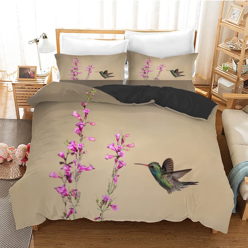 Housse de Couette 240x260 Oiseau Brun Microfibre Parure de Lit 2 Taies