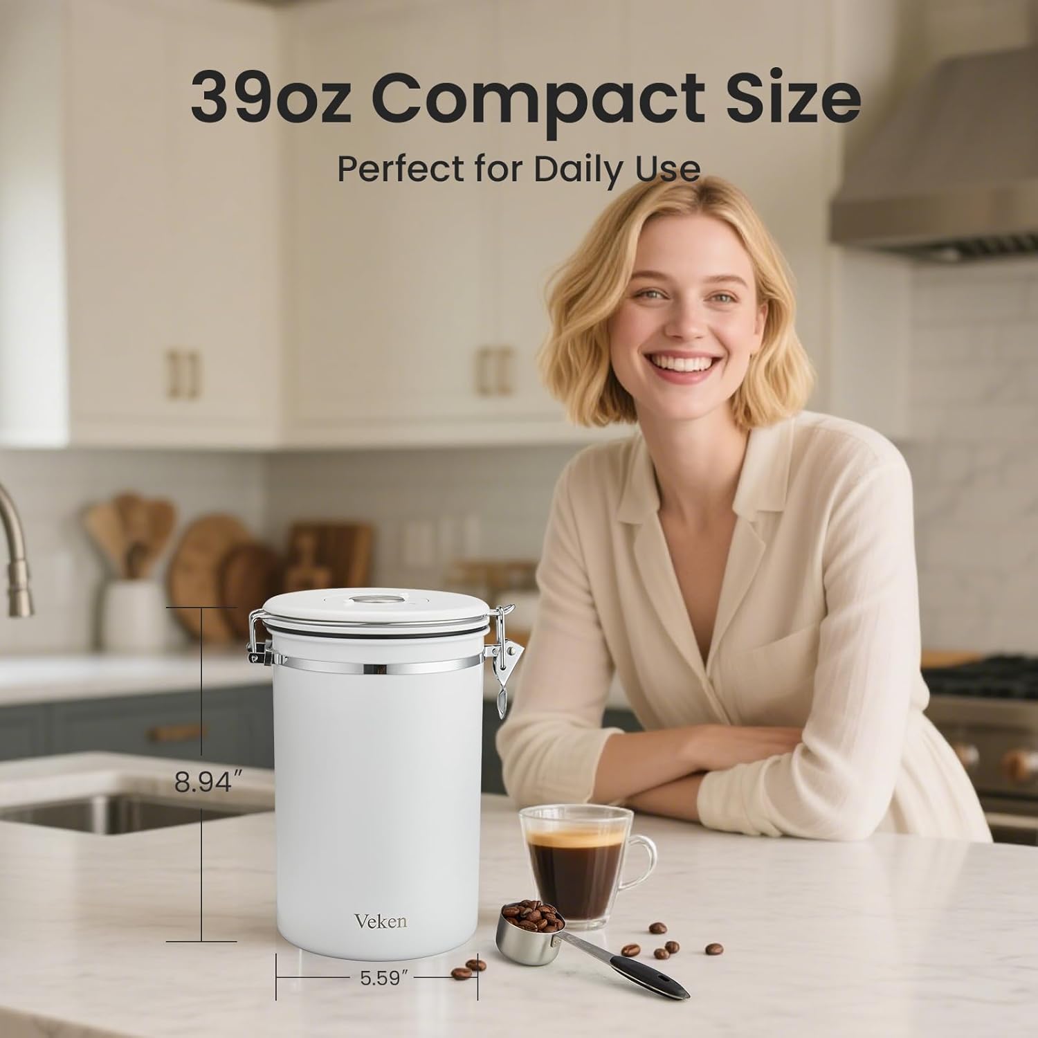 Veken Coffee Canister, 39OZ Large, Airtight Stainless Steel Food Storage Container for 2.2lbs Coffee Beans, Ground, Sugar, Tea, Flour, Cereal, Kitchen Bar Accessories with Date Tracker & Scoop, White - Image 2