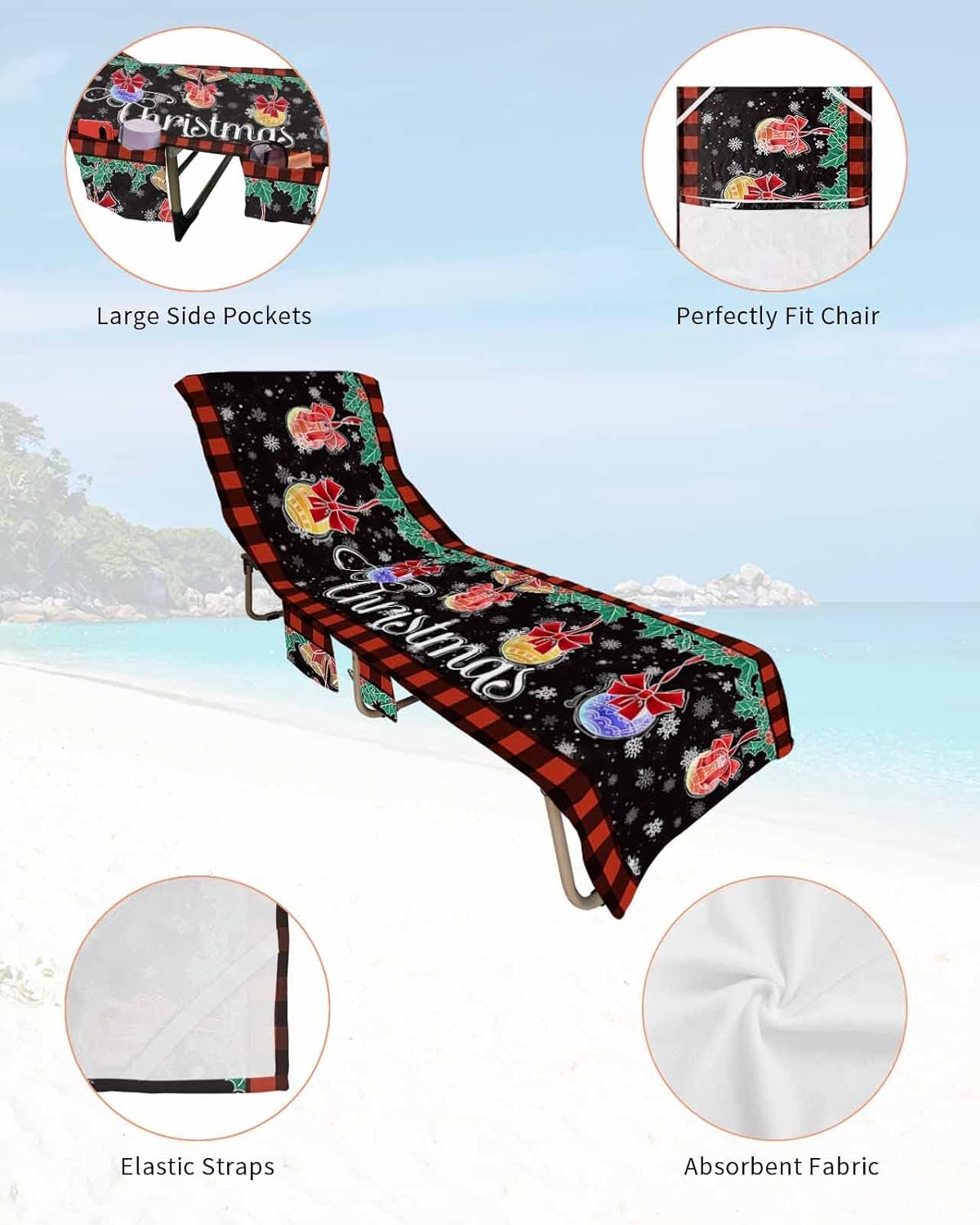 Christmas Beach Pool Patio Lounge Chaise Chair Cover Towel With Pockets,Absorbent & Quick Dry Microfiber Towel Cover Bag Summer Accessories Black Xmas Ball Plaid Red Snowflake Pine Tree Branch