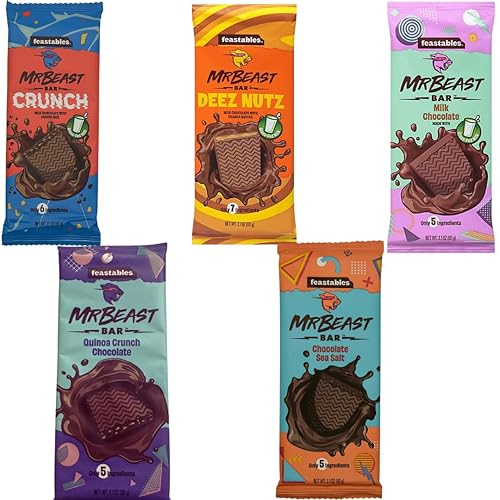 Feastables Mr Beast Barras de chocolate NUEVO chocolate con mantequilla de maní Deez Nutz, Quinoa Crunch, chocolate con leche, sal marina y barras