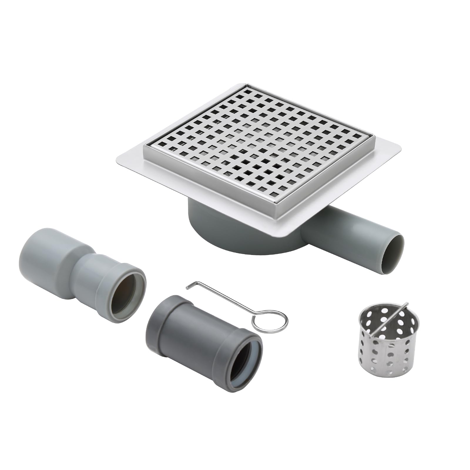 150 x 150 mm Bodenablauf Dusche Edelstahl Duschrinne mit 360° Siphon, Geruchsverschluss, Haarsieb und 2 Ablaufadapter DN50 DN40, Ablaufrinne Duschablauf