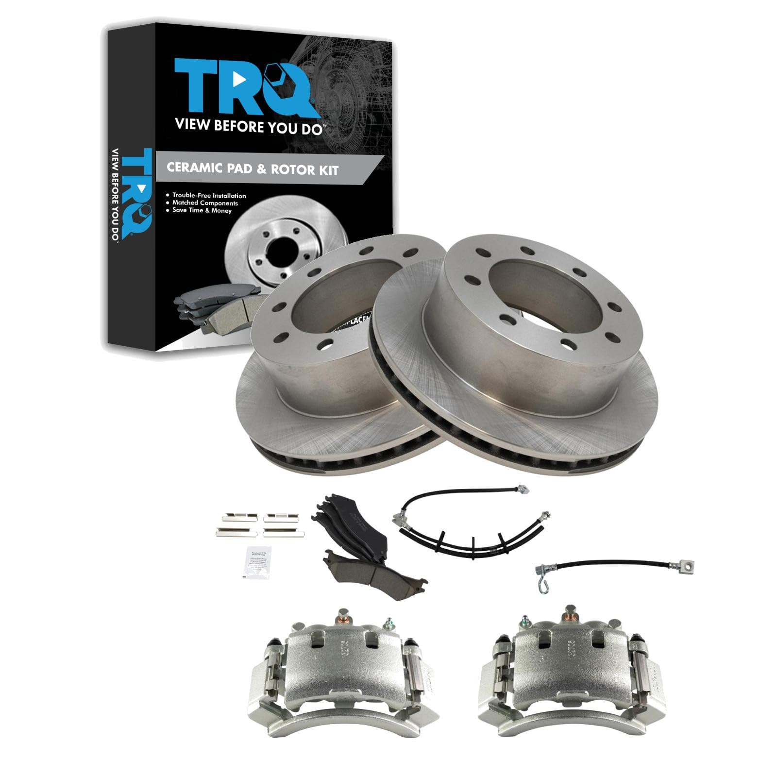 TRQ Rear Brake Pad, Caliper, Hose, &amp; Rotor Kit Ceramic Compatible with 2003-2007 Ford E-250 2000-2002 E-250 Econoline