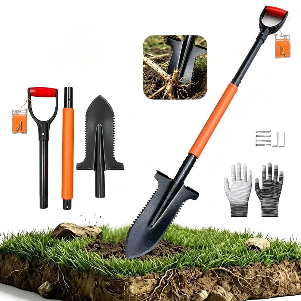 Bêche à racines avec scie à racines 112 cm - Bêche de jardin en acier 1050Mn - Pour sols durs - Bêche de drainage avec larges bords et poignée souple - Durable - Pour plantation de racines et drainage