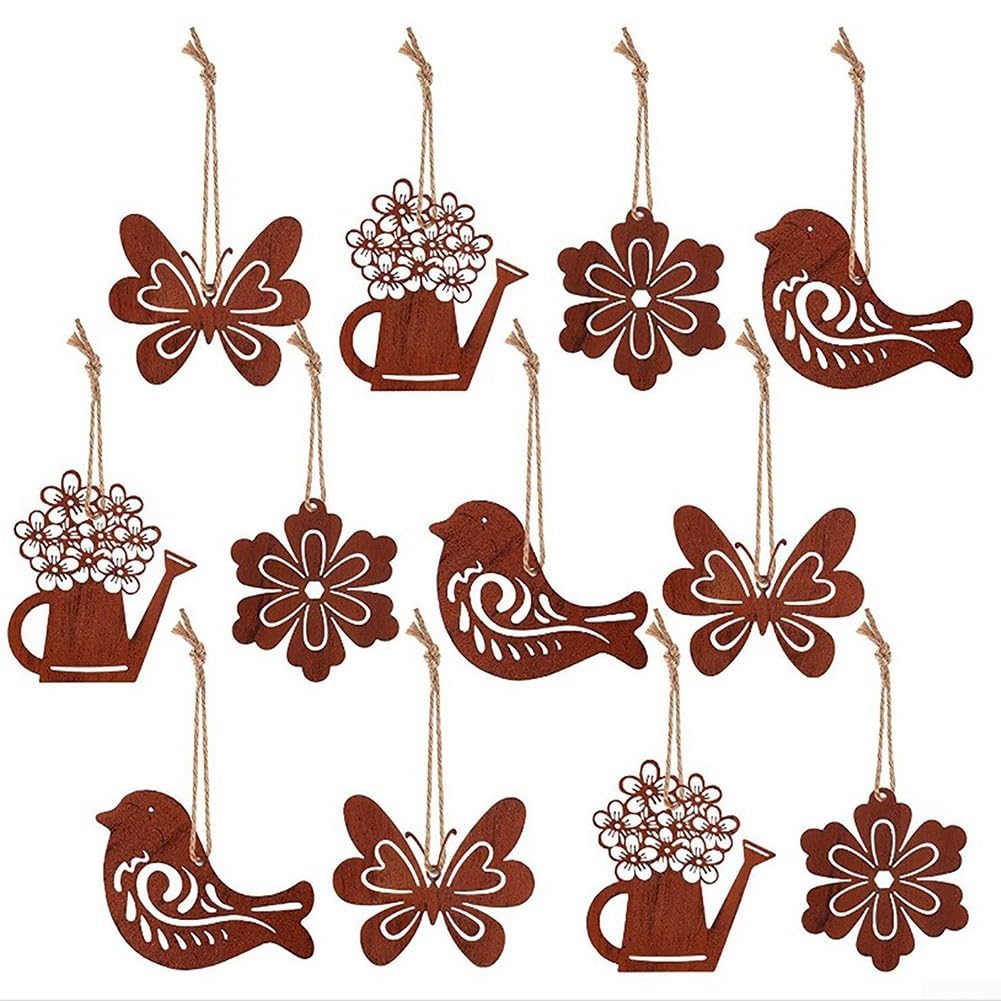 Silhouette d'oiseau rouillé : lot de 12 décorations de jardin suspendues en fer