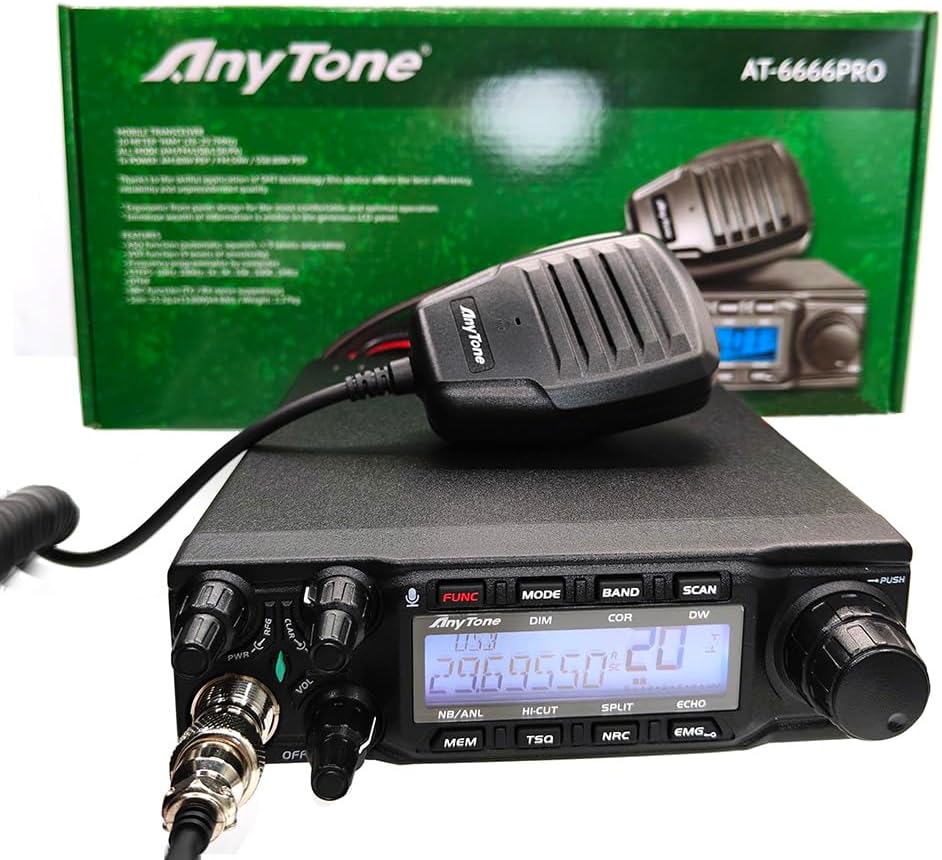 Anysecu AnyTone AT-6666pro 10 Meter Radio High Power 80 Watts Output FM/AM/USB/LSB/CW Mobile Transceiver with Programming Cable