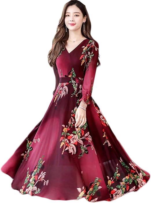 Amazon Co Jp ディーハウ ロングワンピース レディース ゆったり 花柄 シフォン マキシ丈 ワンピ 長袖 大きいサイズ おしゃれ ブリーツフレア ミモレ丈 ロング丈 きれいめ 着痩せ リゾート 夏 春 Ol 通勤 服 ファッション小物