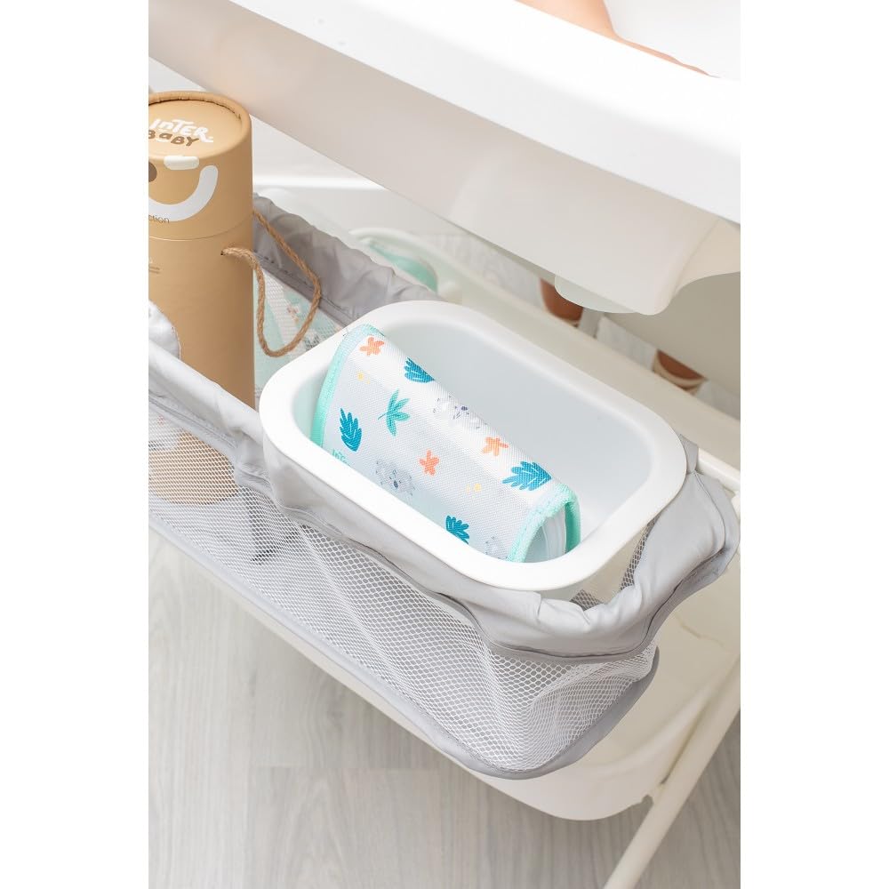 Interbaby Bañera Bebé Cambiador Plegable Patas, Ruedas, Hamaca (Dino) | Bañera con cambiador 2 en 1, hamaca anatómica extraíble, patas antideslizantes, altura ergonómica, portátil