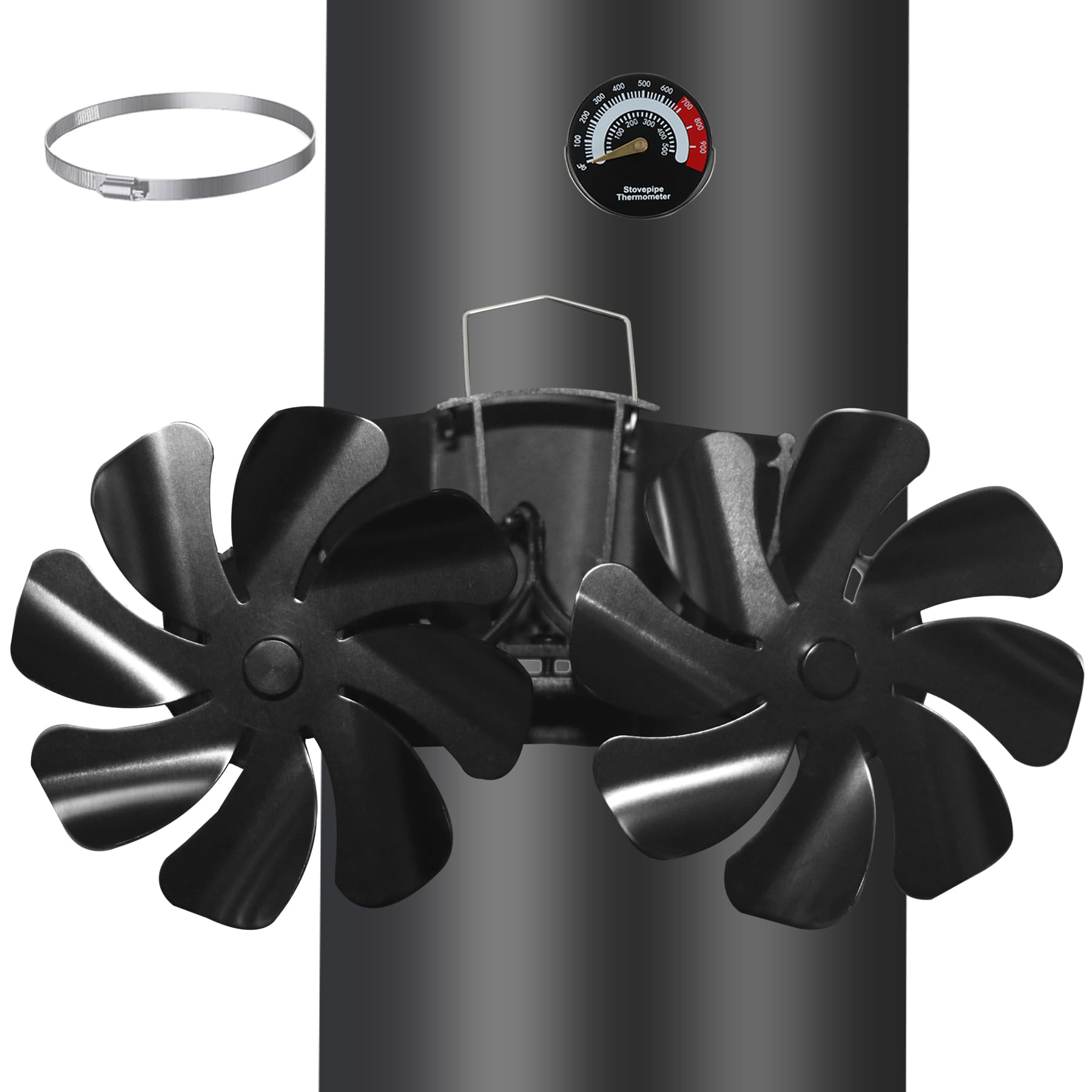 Tomersun Ventilateur de cheminée magnétique, sans électricité, avec 16 pales, ventilateur de cheminée silencieux, pour bois, bois de chauffage, foyer, tuyau de poêle avec thermomètre et 1 pièce