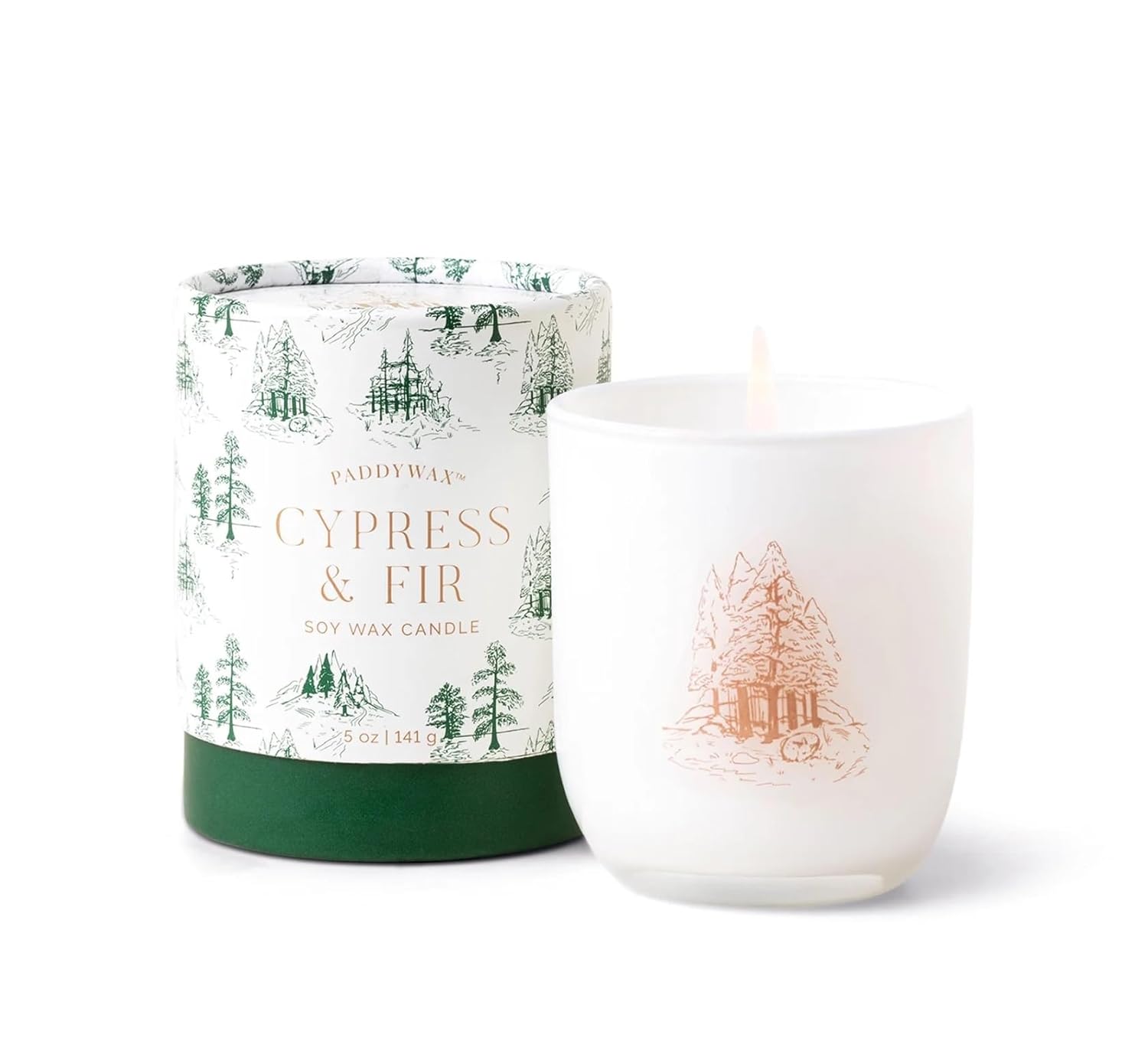 Paddywax Holiday Candles Cypress & Fir Collection Gift Boxed Artisan Scented Candle in Opaque Glass, 5-Ounce, White