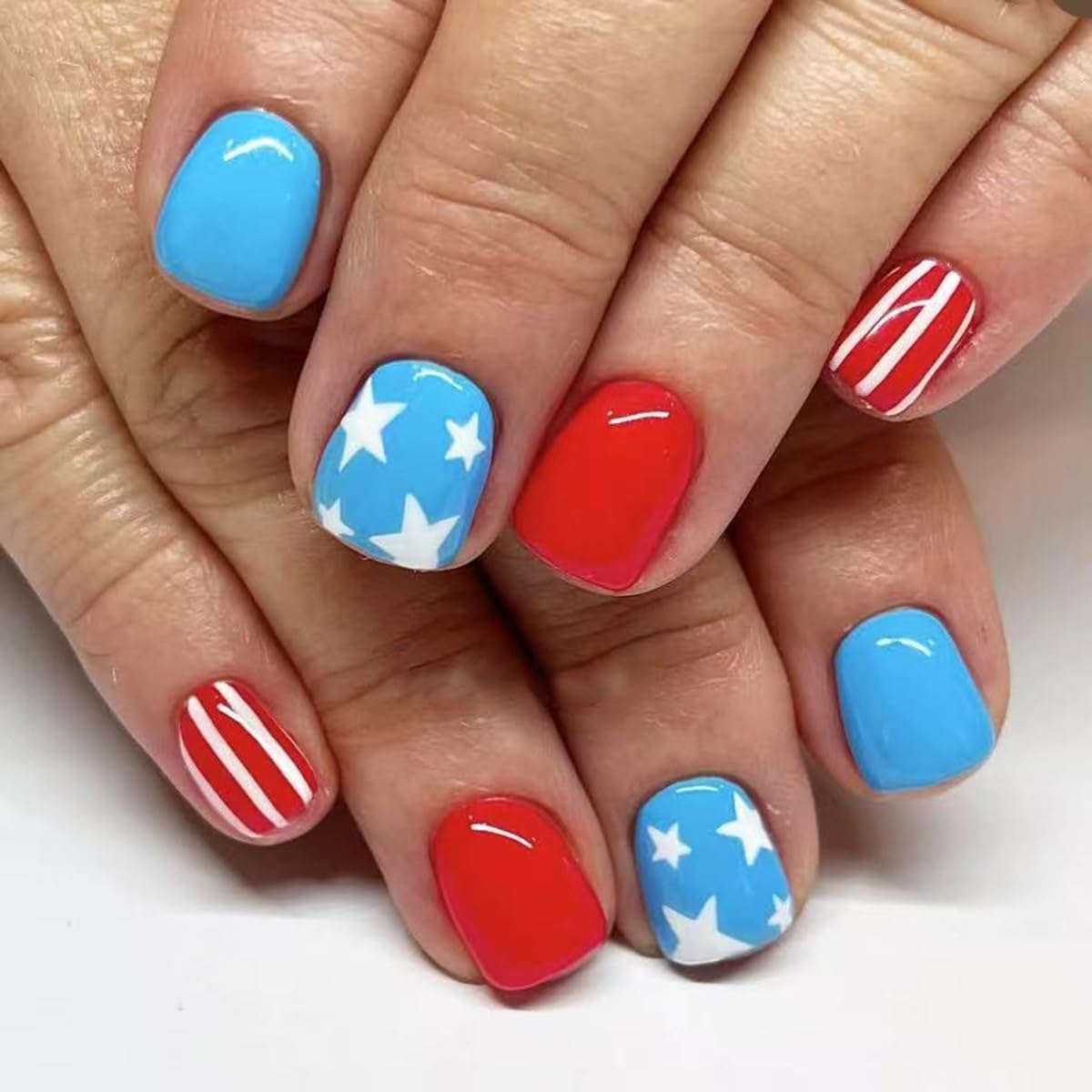 4th of July Press On Nails Extra Short Square,YEFIUO Blue Fake Nails Press ons Nail Art Tips Acrylic Nail Kit Glue on Nails Full Cover False Nails