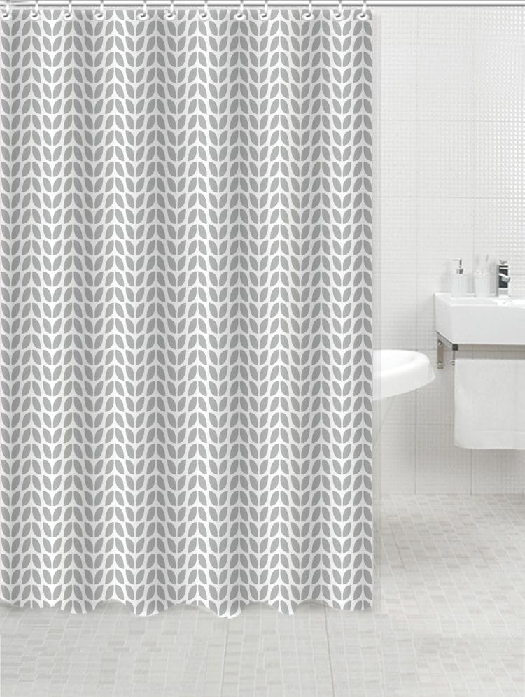 Image of HOMETHREADS Embrace Luxury with Our 6-Feet Long Premium Polyester Shower Curtain with 12 Hooks for a Lavish Bathroom Ambiance | Stylish, Splendid, and Perfectly Sized (Grey Leaf, 180x200cm)