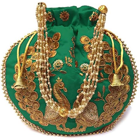 Indian Ethnic Designer Embroidered Silk Potli Bag Batwa Pearls Handle Purse Clutch Purse for Women (Green Peacock) Cover