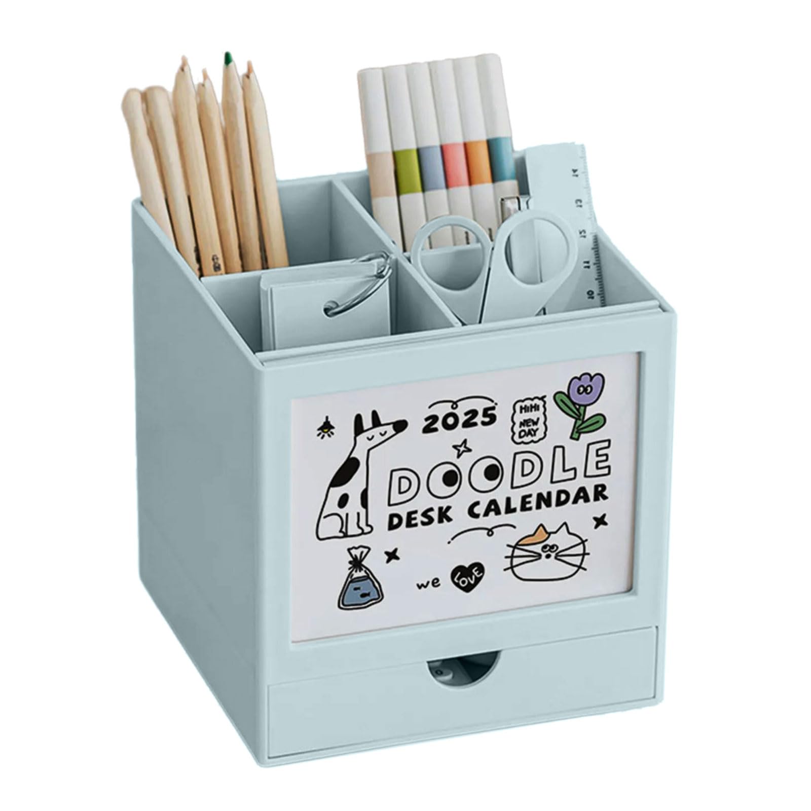 Organizzatori multiuso per penne con calendario 2025 e cassetto portapenne da scrivania a 4 scomparti organizer per matite rotanti per studenti insegnanti uso ufficio