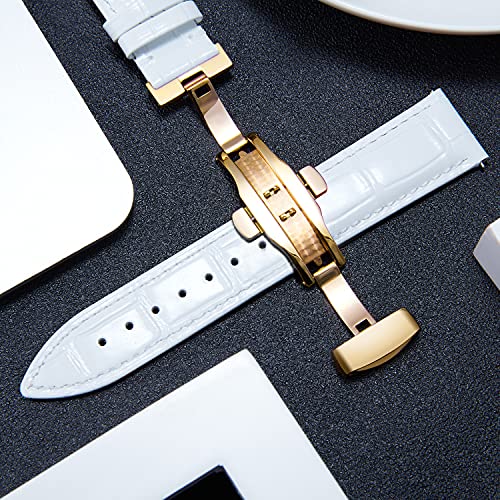 BINLUN Leather Watch Strap, Quick Release Genuine Leather Replacement Watch Band with Butterfly Deployment Buckle for Men and Women, 12mm-24mm(White-Gold,22mm) by BINLUN - Used condition - Image 4