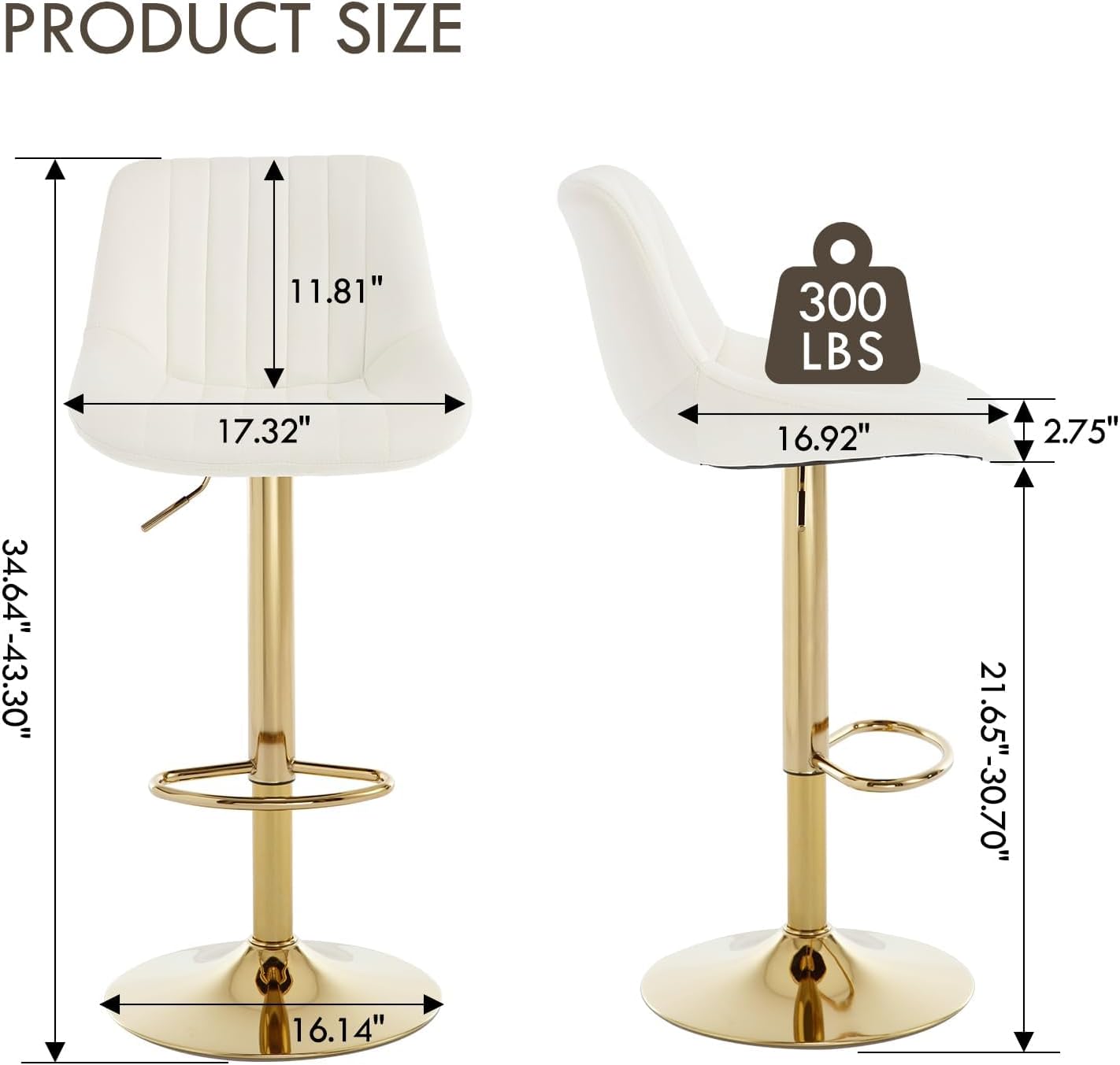 Gold Barstools Set of 3,Velvet Swivel Bar Height Stools with Back, Armless Upholstered Counter Height Stools, Modern Adjustable Bar Chairs for Kitchen Island/Cafe/Dining/Restaurant, Cream