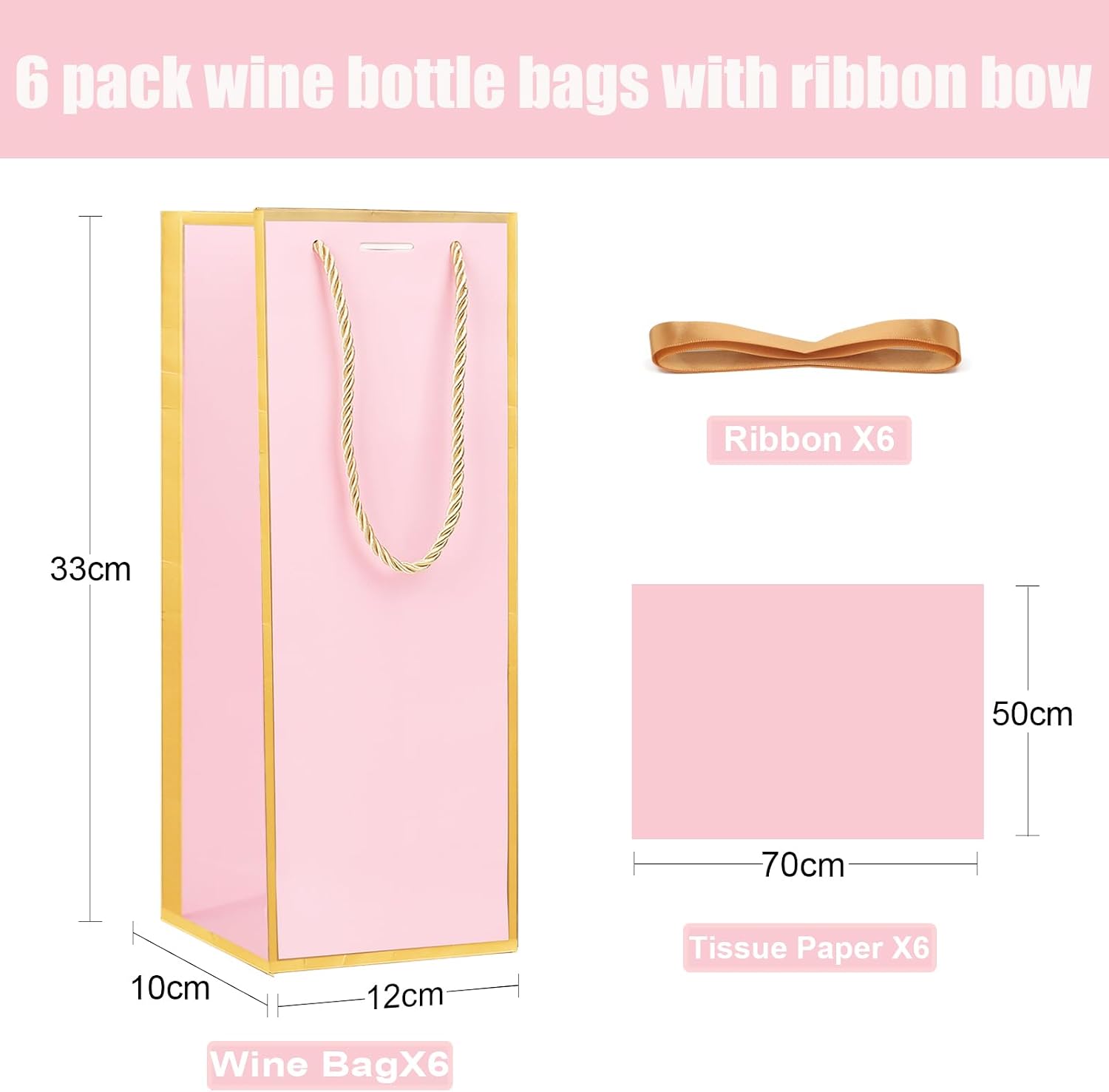 ZJHiome 6 Pack Wine Gift Bags with Tissue Paper Wine Bottle Paper Bags with Bow Ribbon for Wedding Birthday Christmas Retirement Party Supplies (Pink) image 2