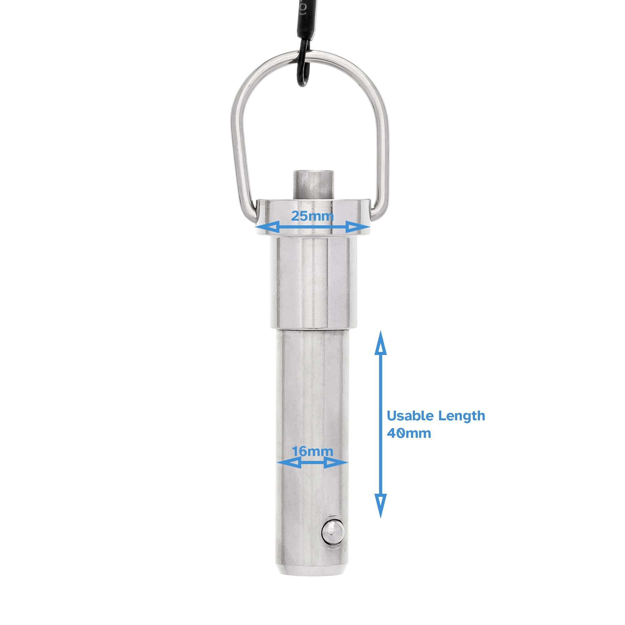 HALLMERS 16mm Pin Diameter 40mm Usable Length Quick Release Ball Head Pin Lock with 260mm Retaining Wire Cable - Stainless Steel - Self Locking Fasten Security Bolt Accessory Push Pull Fastening Tool