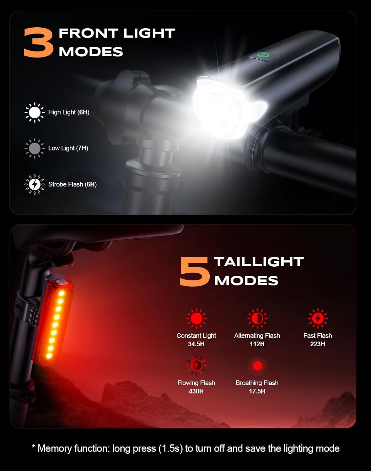 2026 New 1200LM Wide Angle Bike Lights for Night Riding, 3+5 Modes & IP65 Waterproof Bicycle Lights Front and Rear, Long-Lasting USB Rechargeable Automobile Tail Light Lenses, Matte Black